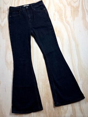 Free People Penny Pull-On Flare Jeans Washed Black 28 High Rise Boho